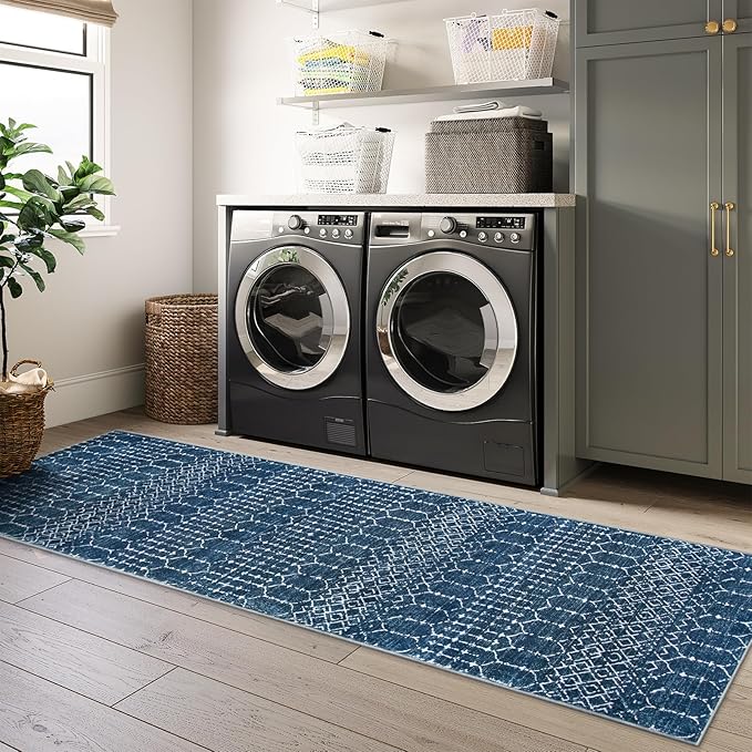 Lahome Moroccan Extra Long Runner Rugs for Hallways, 2.5x12 Rug Runner Washable Ultra-Thin Carpet Non Slip, Faux Wool Soft Modern Floor Print Mat for Entryway Stair (Blue, 2'5''x12')