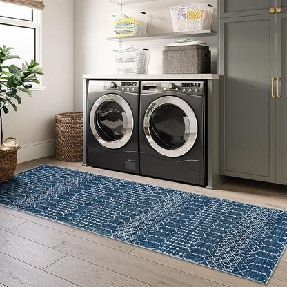 Lahome Moroccan Extra Long Runner Rugs for Hallways, 2.5x12 Rug Runner Washable Ultra-Thin Carpet Non Slip, Faux Wool Soft Modern Floor Print Mat for Entryway Stair (Blue, 2'5''x12')