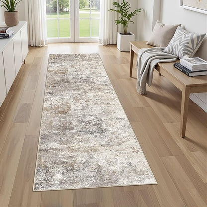 3X8 Washable Runner Rug for Hallway: Soft Neutral Modern Abstract Area Rug - Non-Slip Low Pile Long Throw Indoor Carpet for Kitchen Entryway Kitchen Bedroom Laundry Bathroom - Brown Grey