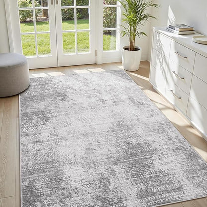 3 x 5 Rug Small Non Slip Machine Washable Rug Distressed Abstract Soft Indoor Carpet Neutral Boho Rug for Bedroom Living Room Entryway Kitchen Bedside, Grey