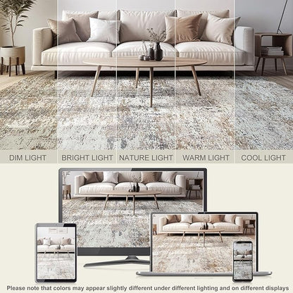 Area Rug Living Room Rugs - 9x12 Washable Large Soft Indoor Neutral Modern Abstract Low Pile Rug Carpet for Bedroom Dining Room Farmhouse Home Office - Brown/Grey/Black