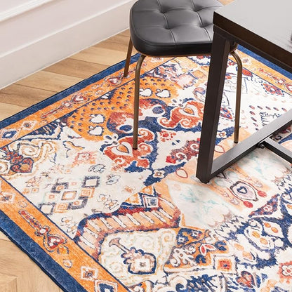 Phantoscope Washable Area Rug 4'x6' Non-Slip, Vintage Boho Rugs for Living Room, Bedroom, Dining Room, Distressed Persian Market Pattern, Low-Pile Foldable Floor Carpet, Navy/Orange