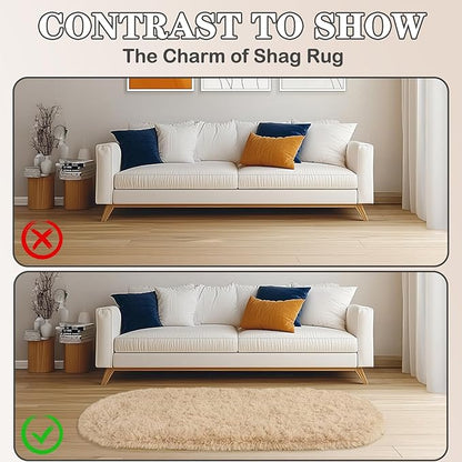 Soft Fluffy Area Rug for Bedroom, Beige Fuzzy Shaggy Oval Throw Rugs for Bedside, Non-Slip Cozy Plush Shag Carpet for Kids Room Nursery Dorm Living Room, 2.6 x 5.3 Feet