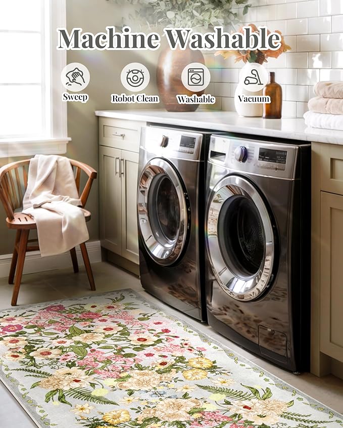Floral Area Rug Living Room - 8x10 Washable Rugs Non-Slip Soft Bedroom Rugs Under Bed Stain Resistant Accent Indoor Floor Vintage Carpet for Dining Room Kids Playroom Home Office Decor, Grey