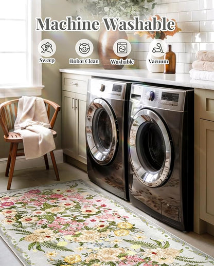 Door Mat Indoor Entrance 2x3 - Floral Rug Washable Small Area Rug Non-Slip Low Pile Rugs for Entryway, Kitchen, Bedroom, Entry - Grey