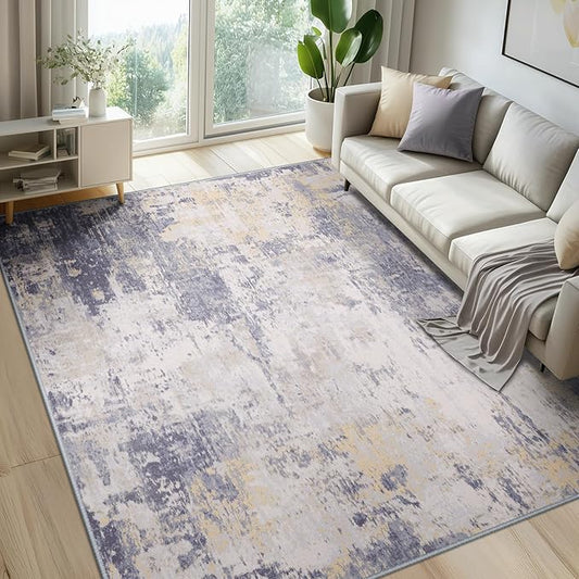 Washable Area Rugs 5'x8' Non-Slip Modern Abstract Soft for Living Room Entryway Bedroom Nursery, Print Pattern, Purple Grey Cream Yellow