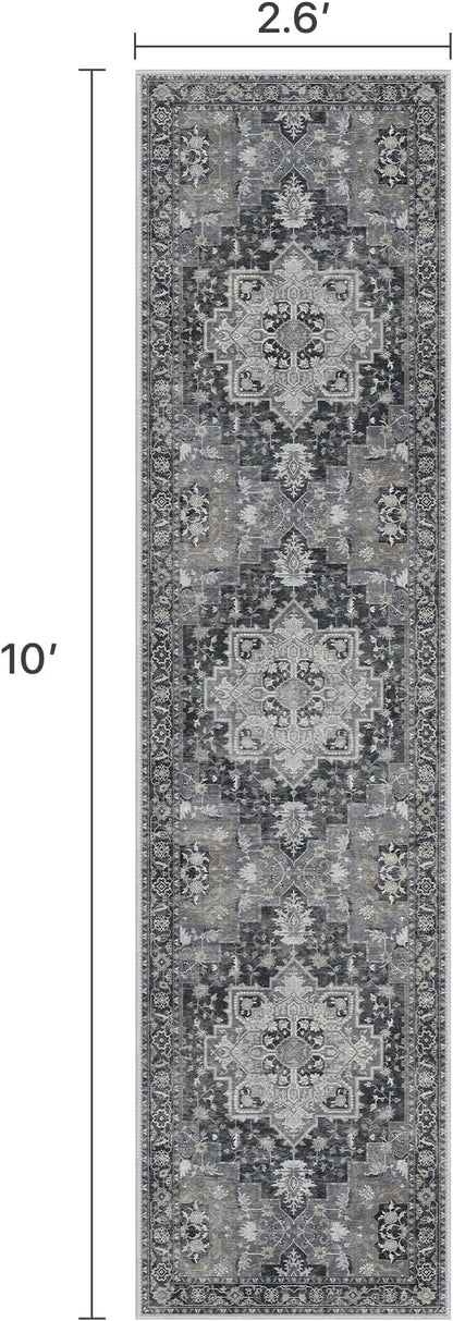 Runner Rug 2'6''x10, Machine Washable Runners, Non Slip Vintage Hallway Runner Rugs, Low Pile Lightweight Mat for Entryway, Hallway, Kitchen and Corridor, Dark Gray
