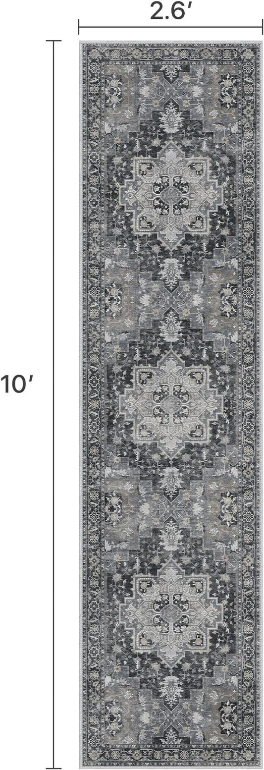 Runner Rug 2'6''x10, Machine Washable Runners, Non Slip Vintage Hallway Runner Rugs, Low Pile Lightweight Mat for Entryway, Hallway, Kitchen and Corridor, Dark Gray
