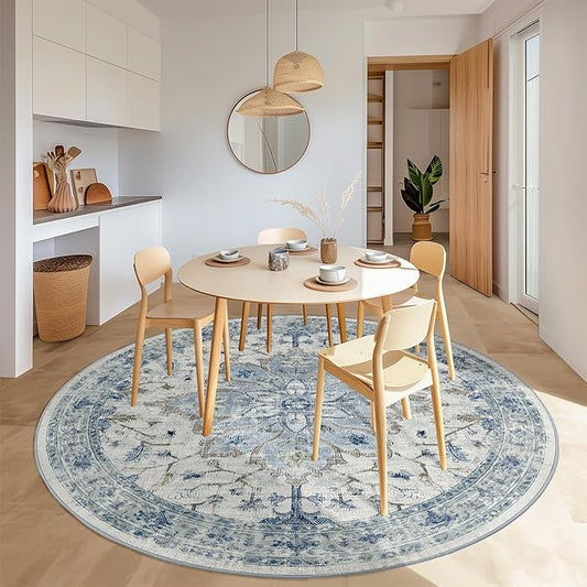 Area Rugs 7ft Washable Non-Slip, Floral Vintage Distress Print Pattern Medallion Carpet for Living Room Bedroom Dining Room, Light Blue Navy Beige Gray White
