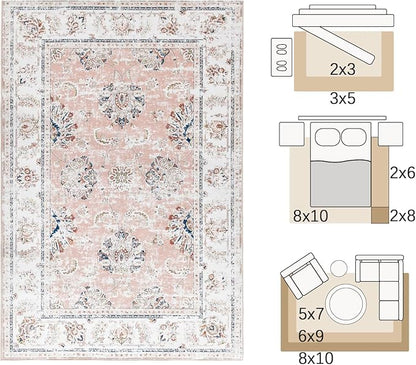 jinchan Fiora 8x10 Area Rugs for Living Room - Machine Washable Vintage Floral Distressed Design Stain Resistant Boho Carpet Low Pile Non-Slip Rug for Bedroom Dining Room Home Office (8‘x10', Pink)