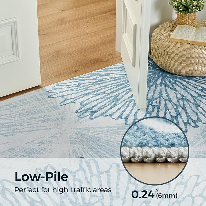 WITSHOCK 6x9 Washable Rug for Living Room,Modern Floral Distress Print Pattern Area Rugs,Stain Resistant with Non Slip Backing Carpet for Dining Room,Bedroom & Home Decor,Blue/Light Blue