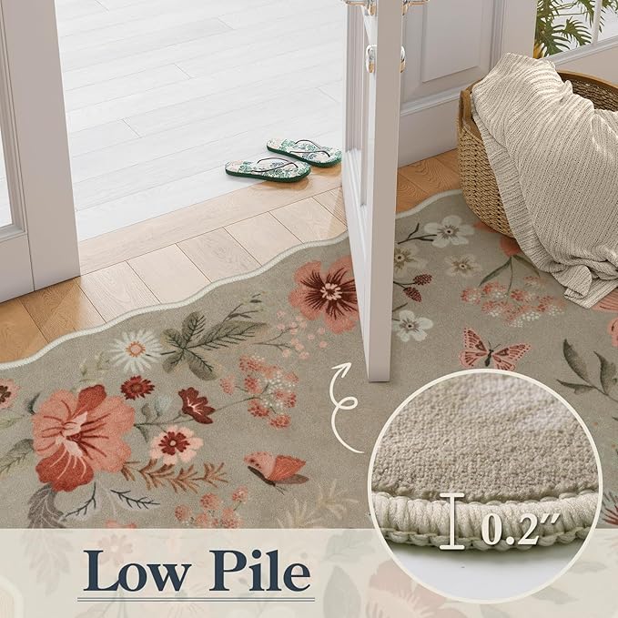 Lahome Floral Entryway Rug, 2x4 Washable Fall Kitchen Rug Ultra-Thin, Soft Non-Slip Door Mat Indoor Entrance Stain Resistant Boho Small Low-Pile Throw Carpet for Bathroom Bedroom, Brown
