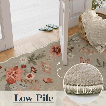 Lahome Floral Machine Washable Rug, 3x5 Rug Non Slip Soft Bedroom Rugs for Entryway Dorm, Ultra-Thin Boho Rugs for Living Room Stain Resistan Throw Carpet for Nursery Entrance,Brown