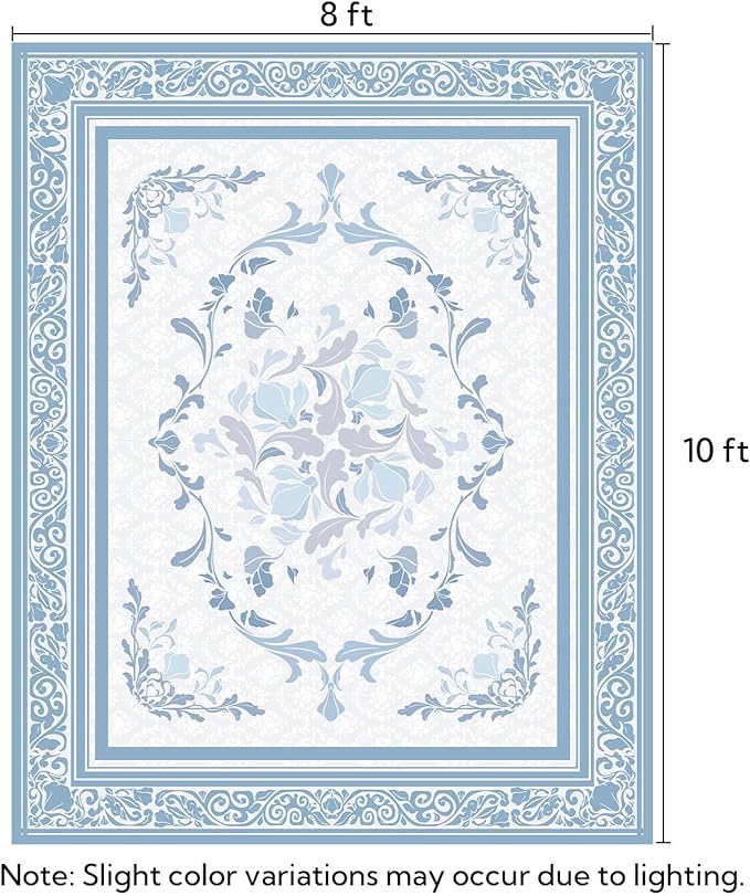 SOULFUL Medium Pile 8x10 Rugs for Living Room - Cozy Soft Underfoot Large Area Rug - Mist Blue Boho Floral - Washable Non-Slip - Perfect for Bedroom Kids Room Under Dining Table Office