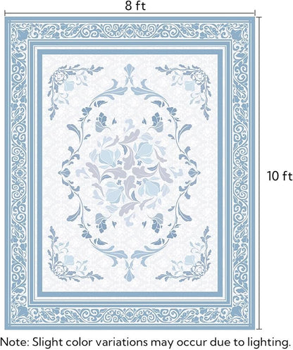 SOULFUL Medium Pile 8x10 Rugs for Living Room - Cozy Soft Underfoot Large Area Rug - Mist Blue Boho Floral - Washable Non-Slip - Perfect for Bedroom Kids Room Under Dining Table Office
