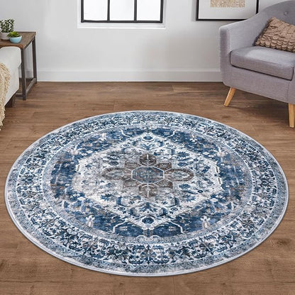 KOZYFLY Round Rug 5 Ft Rugs for Entryway Washable Circle Entrance Rug Non Slip Round Doormat Indoor Printed Faux Wool Round Front Door Mat Floor Carpet for Backdoor, Entryway, Bedroom, Blue