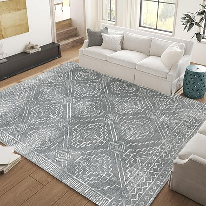 jinchan Moroccan 8x10 Area Rugs for Living Room - Machine Washable Soft Modern Geometric Stain Resistant Ultra-Thin Low-Pile Large Rug Carpet for Bedroom Kitchen Dining Room(8x10ft, Dark Grey)