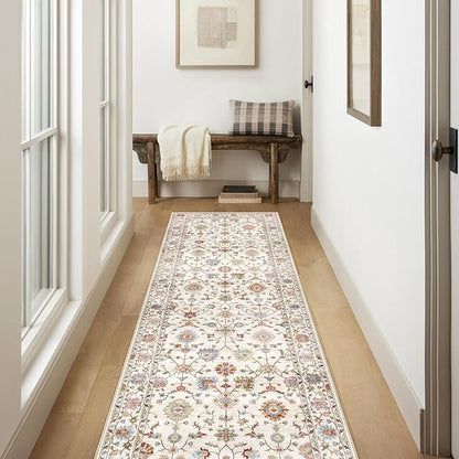Runner Rugs for Hallway 2.5x10ft - Long Non-Slip Cream Colorful Washable Boho Runner Rug Low Pile Soft Vintage Bohemian Traditional Floral Carpet for Kitchen Living Room Entryway Bedroom Foyer