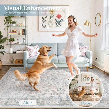 Wonnitar Floral 8x10 Washable Rug, Blue Rug for Bedroom Nursery Decor, Ultra-Thin Large Non-Slip Soft Boho Vintage Distress Print Carpet for Living Room Kids Playroom Office