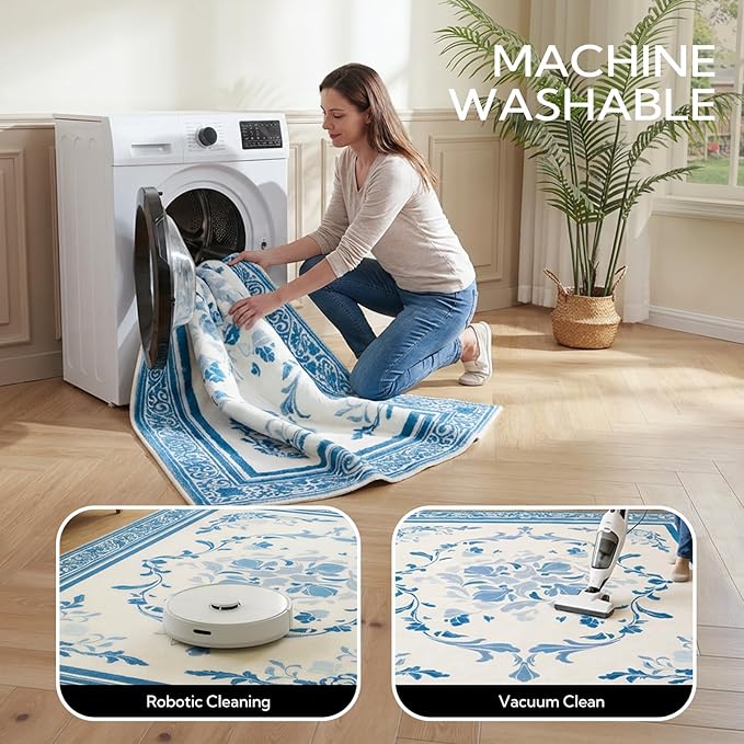 SOULFUL Medium Pile 8x10 Rugs for Living Room - Cozy Soft Underfoot Large Area Rug - Blue Boho Floral - Washable Non-Slip - Perfect for Bedroom Kids Room Under Dining Table Office