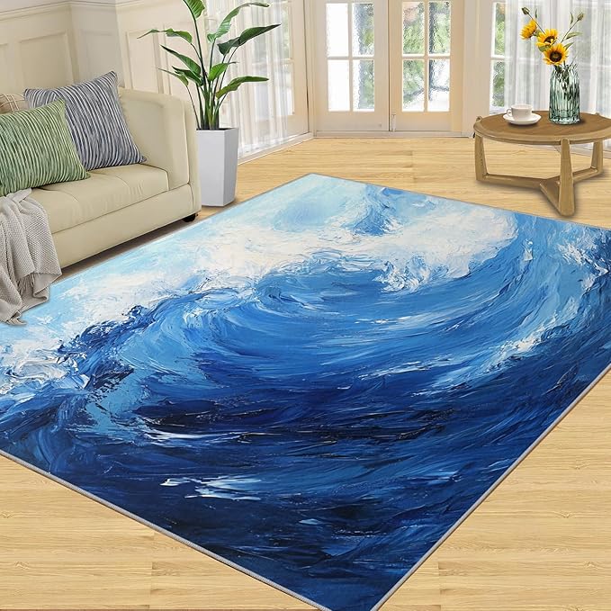 Japanese Ocean Rugs for Bedroom - 4x6 Area Rug - Ukiyo-E Ocean Waves Rugs for Living Room, Abstract Oil Painting Ocean Rug, Washable Home Decor Carpet