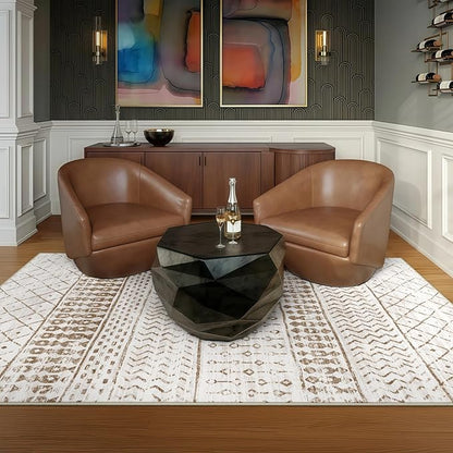 5x7 Machine Washable Area Rug for Living Room, Brown White Vintage Moroccan Rug Large Non-Slip Low Pile Soft Faux Wool Carpet, Kids and Pets Friendly for Bedroom Dining Room Farmhouse Home Decor Rug