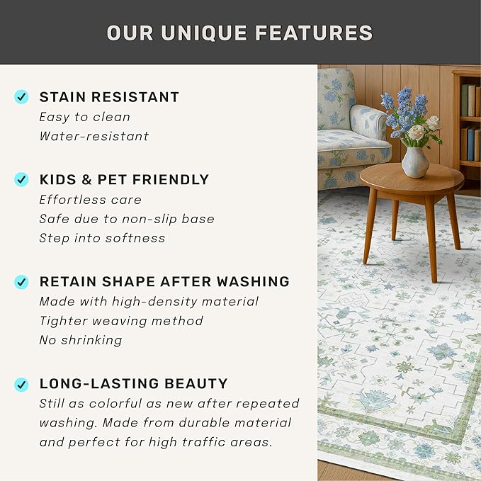 Boho Bathroom Runner 2x7 - Cream Green Oushak Floral Turkish, Washable Low Pile Non Slip Stain Resistant Small Accent Rug for Kitchen, Hallway