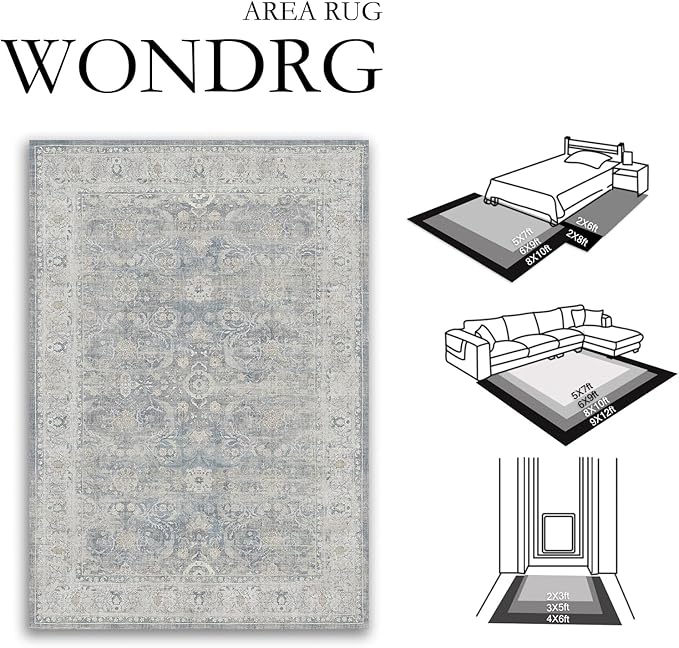 8x10 Blue Washable Area Rug for Living Room Bedroom Neutral Soft Non Slip Rug Low Pile Vintage Distressed Carpet for Dining Room Nursery Office Indoor