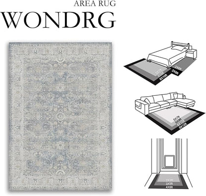 8x10 Blue Washable Area Rug for Living Room Bedroom Neutral Soft Non Slip Rug Low Pile Vintage Distressed Carpet for Dining Room Nursery Office Indoor