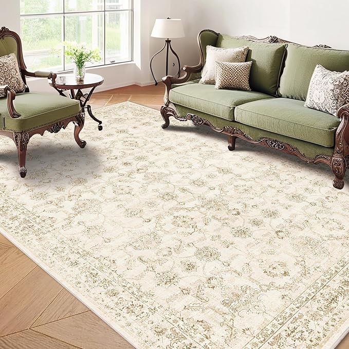Washable Area Rug 5x7 Beige Rugs for Living Room, Vintage Boho Large Rug for Bedroom Dining Room Office, Distressed Floral Print Carpet for Under Table, Soft Non Slip Low Pile Throw Carpet Indoor Mat