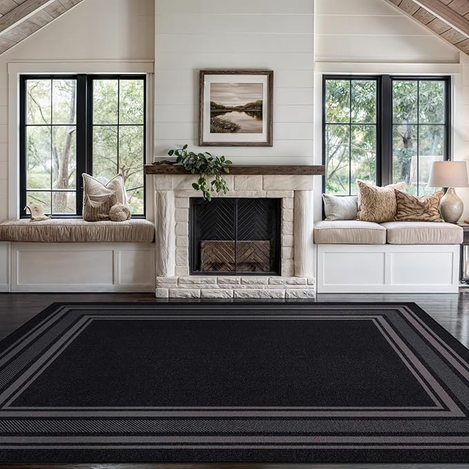 Beverly Rug Non Slip Area Rugs 3x5 Modern Bordered Non Skid Rubber Backing Soft Area Rug for Living Dining Room Easy to Clean Non Shedding Kitchen Bedroom Indoor Carpet 3 x 5 Black