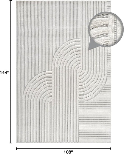 CAMILSON Modern Rug 9x12 Luxury Swirl Curved Large Micro Loop Area Rugs Soft High-Low Pile Stain Resistant Easy to Clean Non-Shedding Durable Living Room Kitchen Indoor Carpet (White)