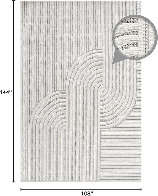 CAMILSON Modern Rug 9x12 Luxury Swirl Curved Large Micro Loop Area Rugs Soft High-Low Pile Stain Resistant Easy to Clean Non-Shedding Durable Living Room Kitchen Indoor Carpet (White)