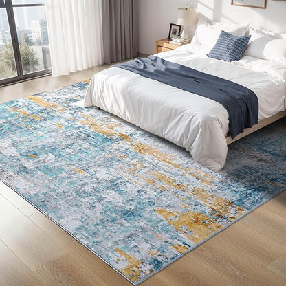 Ompaa Living Room Rug 8x10 Blue Area Rugs Machine Washable Abstract Boho Large Carpet Non-Slip Non-Shedding Faux Wool Indoor Vintage Rugs for Bedroom, Classroom, Dining Room, Kids Playroom