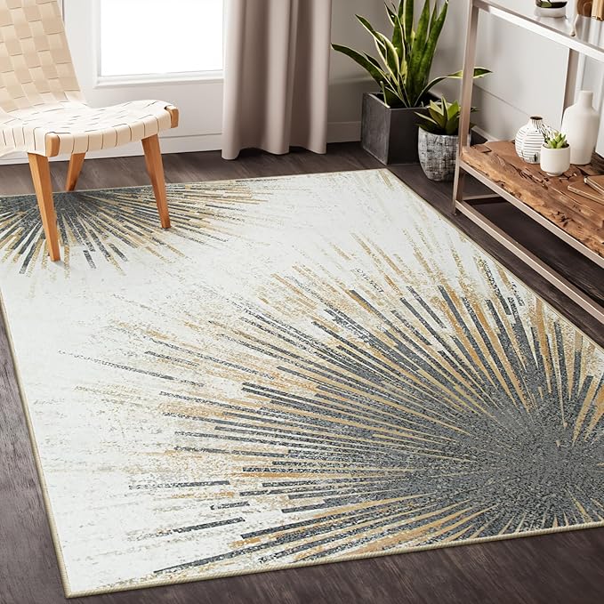 Lahome Modern Living Room Area Rug - 4x6 Rug Washable Non-Slip Soft Bedroom Rugs Ultra-Thin Throw Office Rug, Abstract Print Low-Profile Carpet Rug for Kitchen Laundry Room Entryway (Gold/Gray, 4'x6')