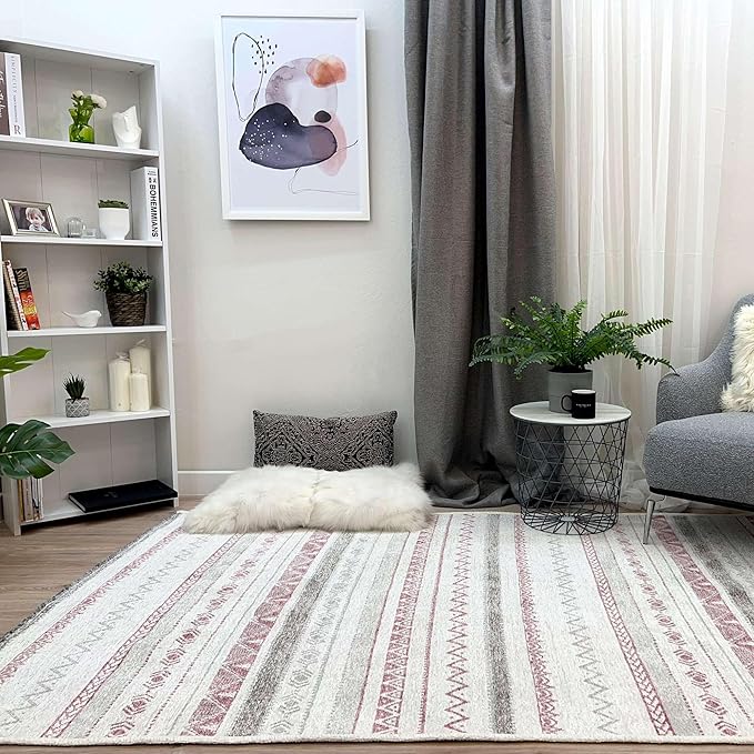 Alfa Rich 3x5 Mauve Off White Washable Area Rugs for Living Room Bedroom Kitchen Decor Cotton Runner