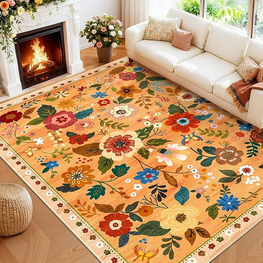 Floral 8x10 Area Rug Machine Washable Soft Print Boho Carpet Non Slip Doormat Low Pile Flower Area Rugs for Living Room Bedroom Nursery Kitchen Dining Room Indoor-Yellow/Orange