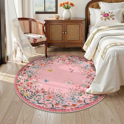 Wonnitar Washable 5ft Round Area Rug, Pink Floral Living Room Rugs for Bedroom Girls, Low Pile Soft Botanical Throw Carpet for Kids Nursery Room (Pink,5ft-Round)