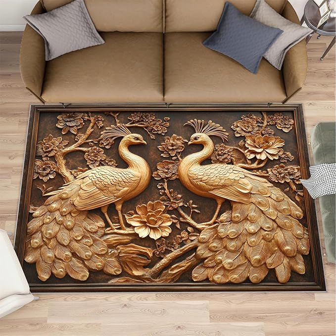 Peacock Rugs for Bedroom - 4x5 Rug, European Style Area Rugs for Living Room, Peacock Decor Carpet, Gold Peafowl Washable Area Mat, Luxury Carpet - Peafowl Home Decor & Gifts