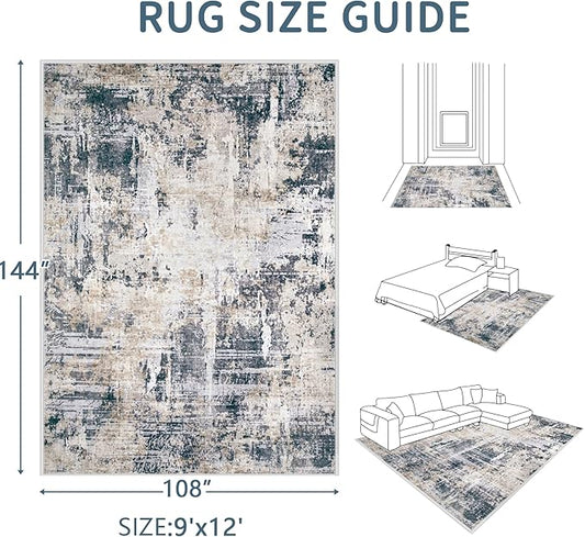 Area Rugs 9x12 Living Room: Washable Rug Modern Abstract Large Rugs Soft Non Slip Neutral Rug Stain Resistant Indoor Carpet for Bedroom Kitchen Dining Room Home Office Rugs(Black Brown,9'x12')