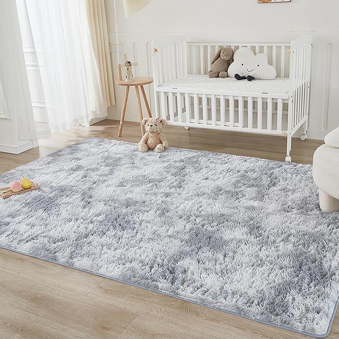Andency Soft Area Rugs for Living Room Bedroom, 5x8 Fluffy Shaggy Bedside Rug, Non-Slip Large Shag Fuzzy Plush Carpets for Bedroom Kids Dorm Nursery Home Decor Aesthetic, Tie-Dyed Light Grey