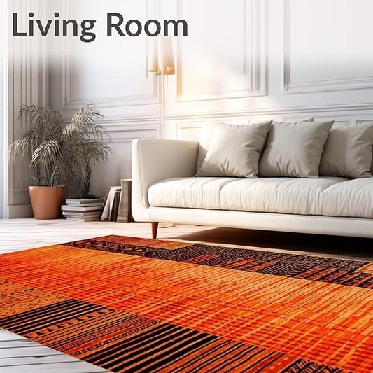 Flatwoven High Traffic Area Rug 5x7, Burnt Orange Copper Fiery Abstract Shape Floor, Non Slip, Stain Resistant, Washable Area Rugs for Living Room, Bedroom (Orange, 5x7)