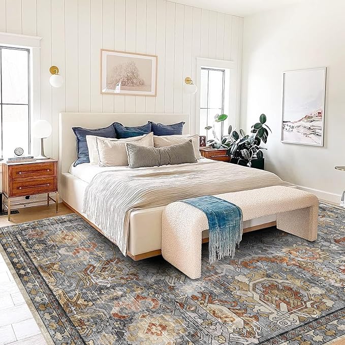 RUGSURE Washable Area Rugs - Perfect for Living Room, Bedroom, Kids Room, Nursery - Stain & Water Resistant Non-Slip, Pet & Child Friendly, Vintage Tribal Area Rugs (Turmeric and Grey, 9' x 12')