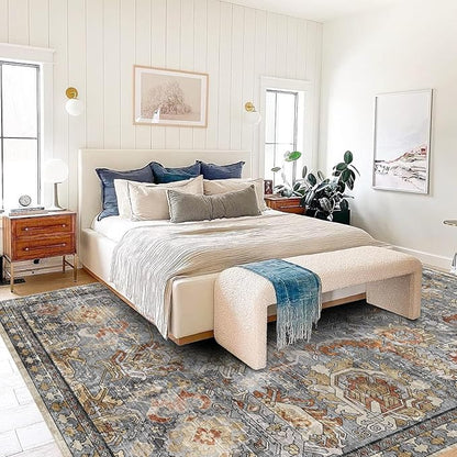 RUGSURE Washable Area Rugs - Perfect for Living Room, Bedroom, Kids Room, Nursery - Stain & Water Resistant Non-Slip, Pet & Child Friendly, Vintage Tribal Area Rugs (Turmeric and Grey, 9' x 12')