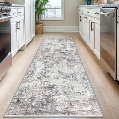 Modern Abstract Hallway Runner Rug, Beige Grey 2.6x8 Runner Rug, Washable Kitchen Runner Non-Slip Soft Thin Print Faux Wool Carpet for Entryway Bedroom Laundry Room Indoor