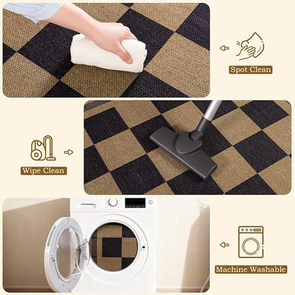 Vasofe Washable Small Entry Rug, 2x3 Checkered Jute Rugs Outdoor Indoor Front Door Mat, Non-Slip Bedroom Entrance Doorway Kitchen Mats, Plaid Farmhouse Porch Carpet, Black and Brown
