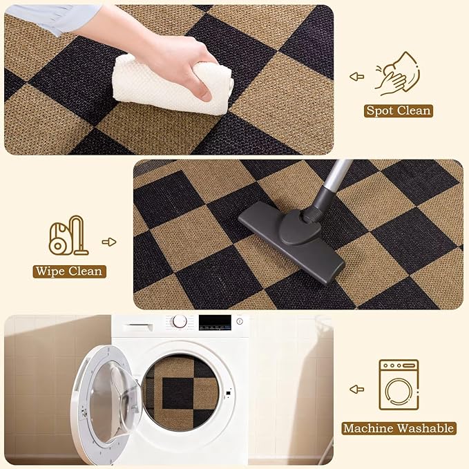 Vasofe 3x5 Plaid Rug, Jute Rugs, Washable Outdoor Indoor Checkered Carpets, Entryway Bedroom Potio Porch Kitchen Carpet, Non Slip Farmhouse Neutral Office Laundry Floor Mat, Black and Brown