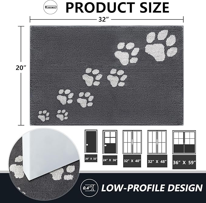 Timo Indoor Door Mat,20"x32" Super Absorbent Dog Mats, Low-Profile Washable Entryway Rug, Rubber Backing Non Slip Front Door Mats, Resist Dirt Inside Entrance Doormat for Shoes, Grey