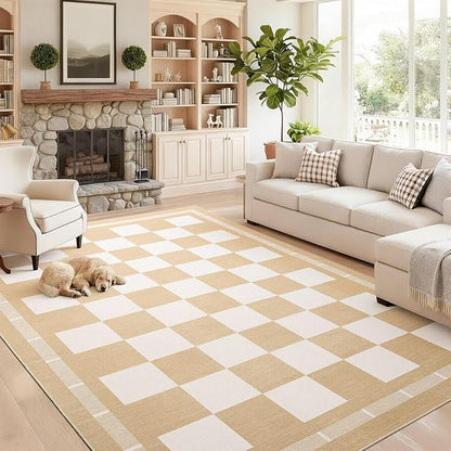 Vasofe Checkered Jute Rugs, 6x9 Large Washable Outdoor Patio Rug, Living Room Bedroom Dining Room Indoor Carpet, Non Slip Modern Farmhouse Neutral Geometric Porch Classroom Mat, Khaki and White
