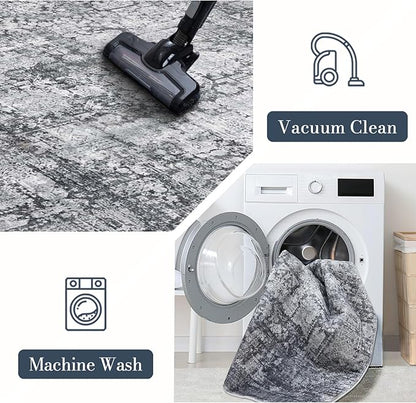 Area Rug 4×6, Vintage Boho Rug,Ultra-Soft Low Pile, Washable, Non Slip,Stain Resistant Printed Carpet for Living Room Bedrooms Playroom Office Kitchen, Dark Stone